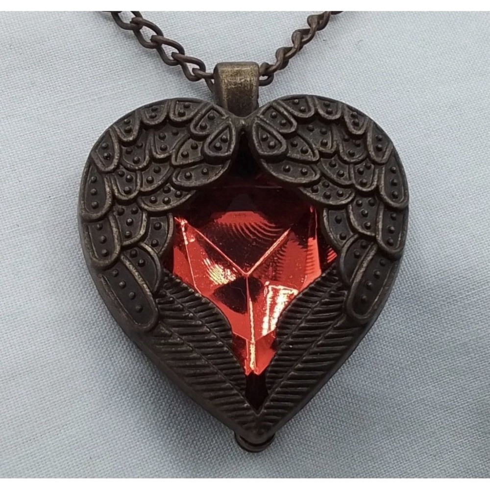 VTG Summoning Necklace Designer Signed Brass Angel Wings Red Heart Pendant 26"